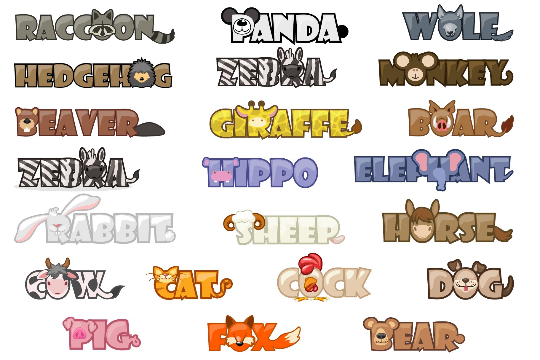 Text name animals, funny font cover image.