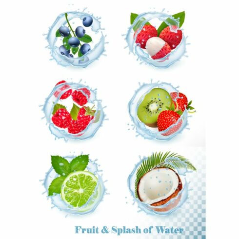 Set of water splashes with fruit cover image.