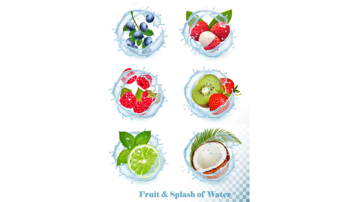 Set of water splashes with fruit cover image.