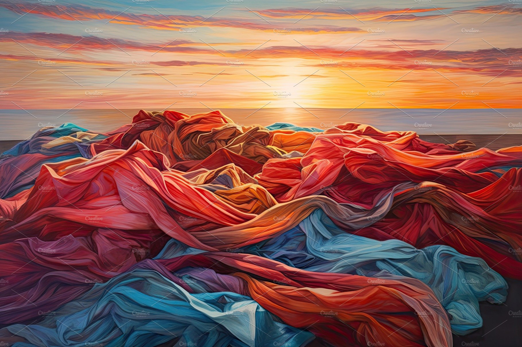 Colorful cloth weaved abstract painting over a sunset background cover image.