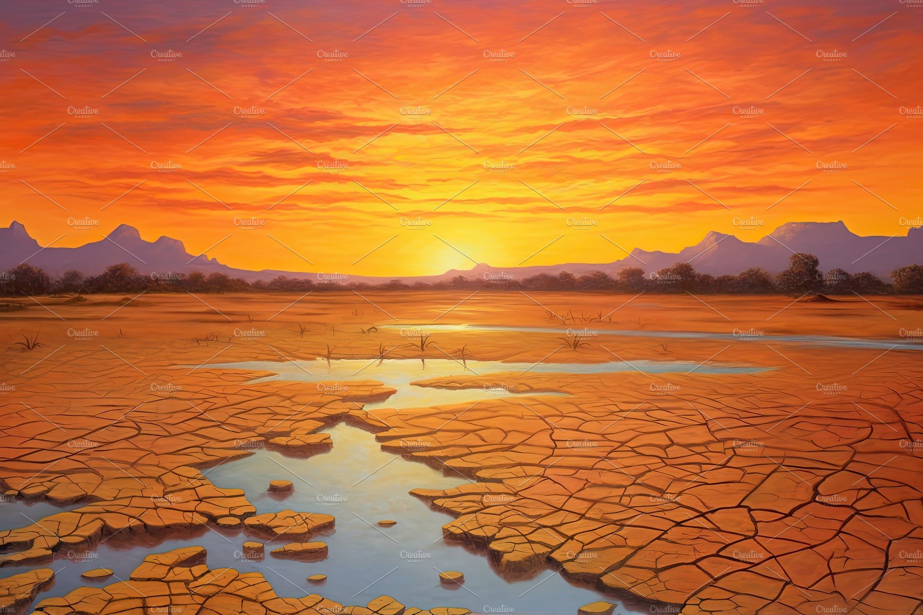 Dry land at sunset, representing drought and lack of water, climate change ... cover image.