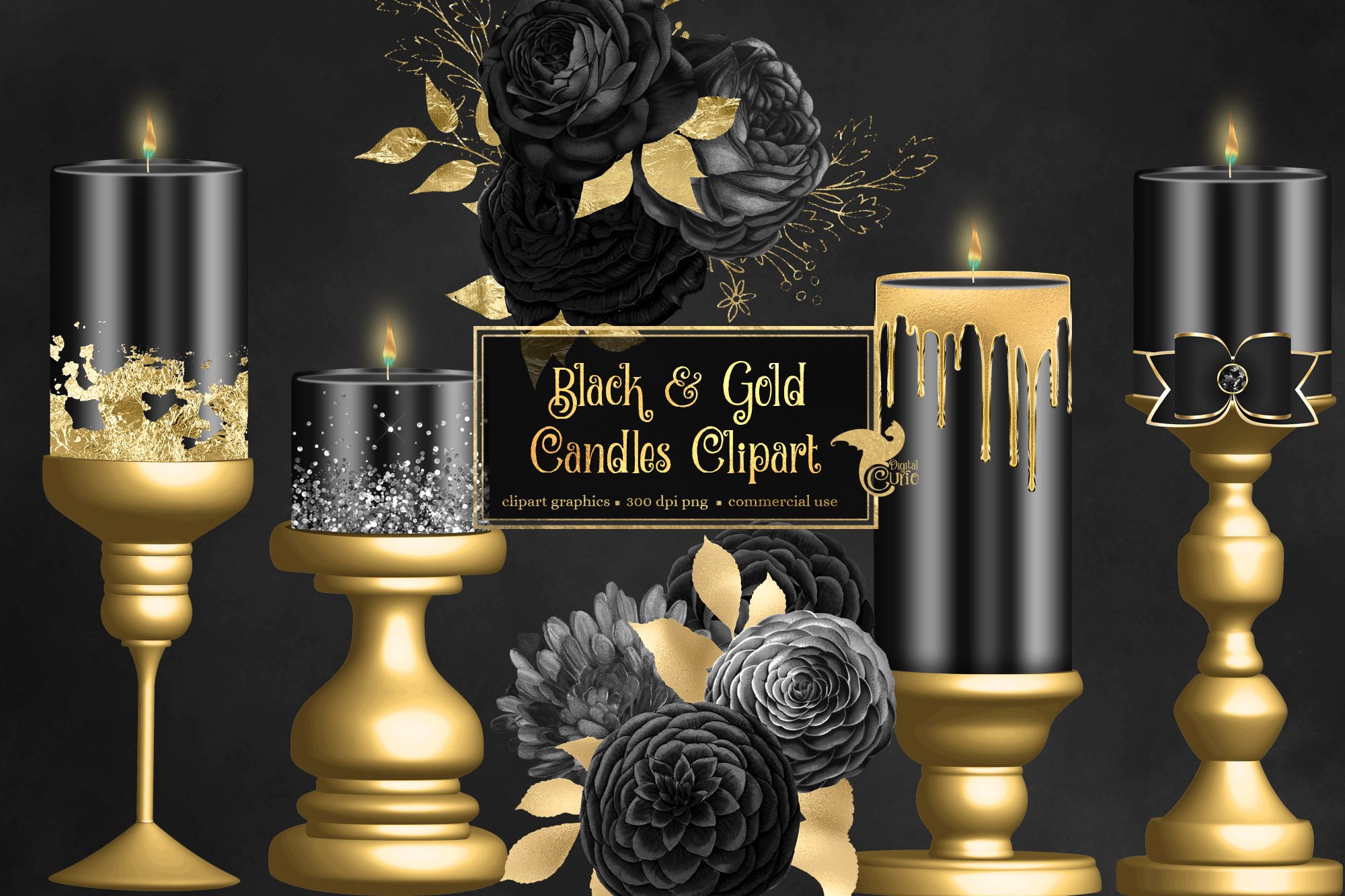 Black and Gold Candle Clipart cover image.