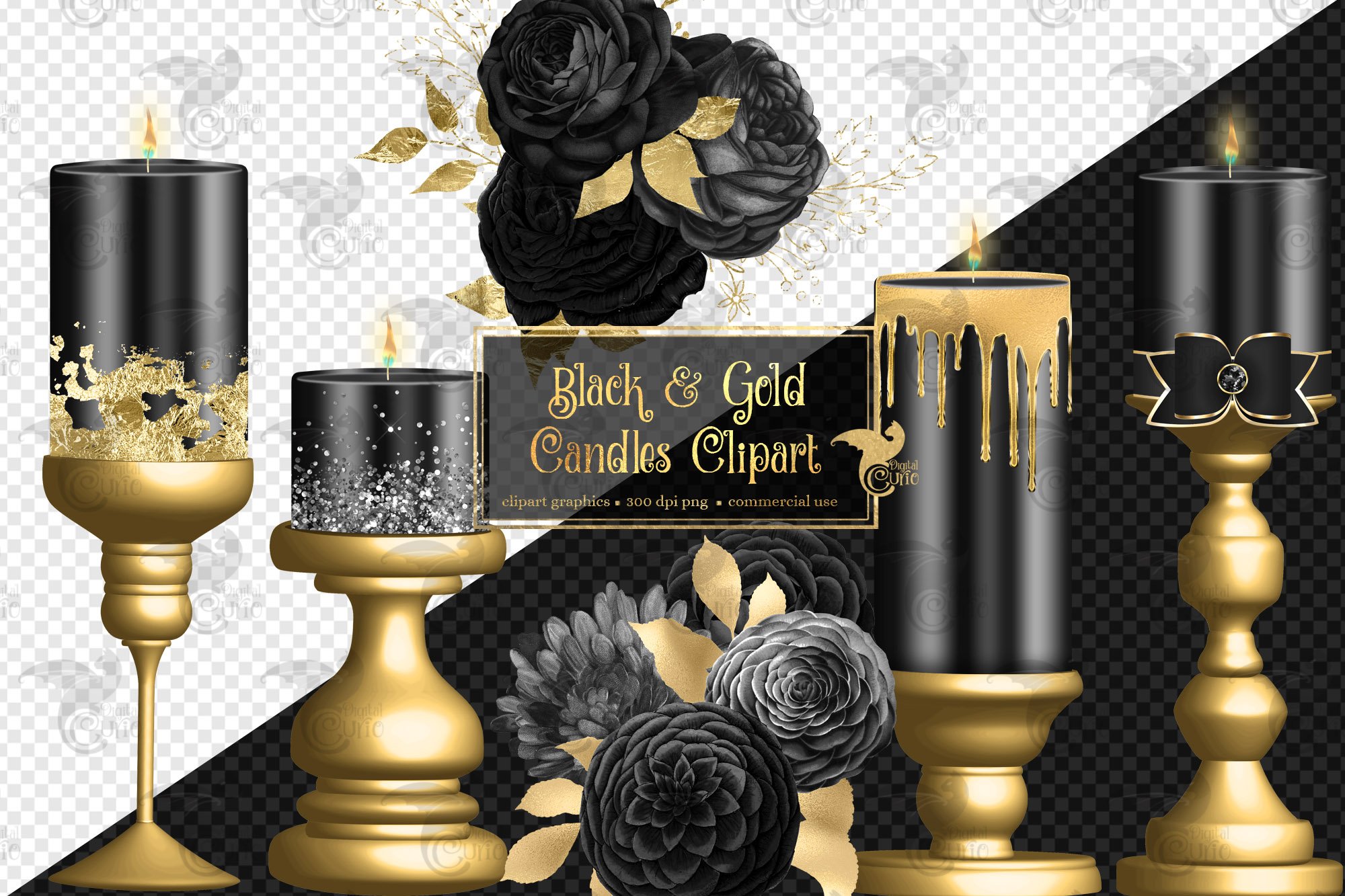 Black and Gold Candle Clipart preview image.