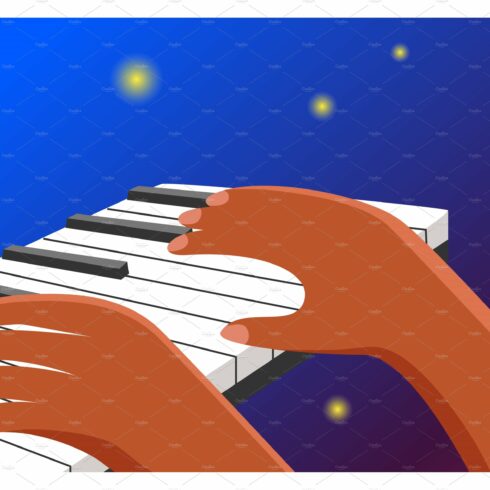 Hands on piano keyboard on a dark cover image.