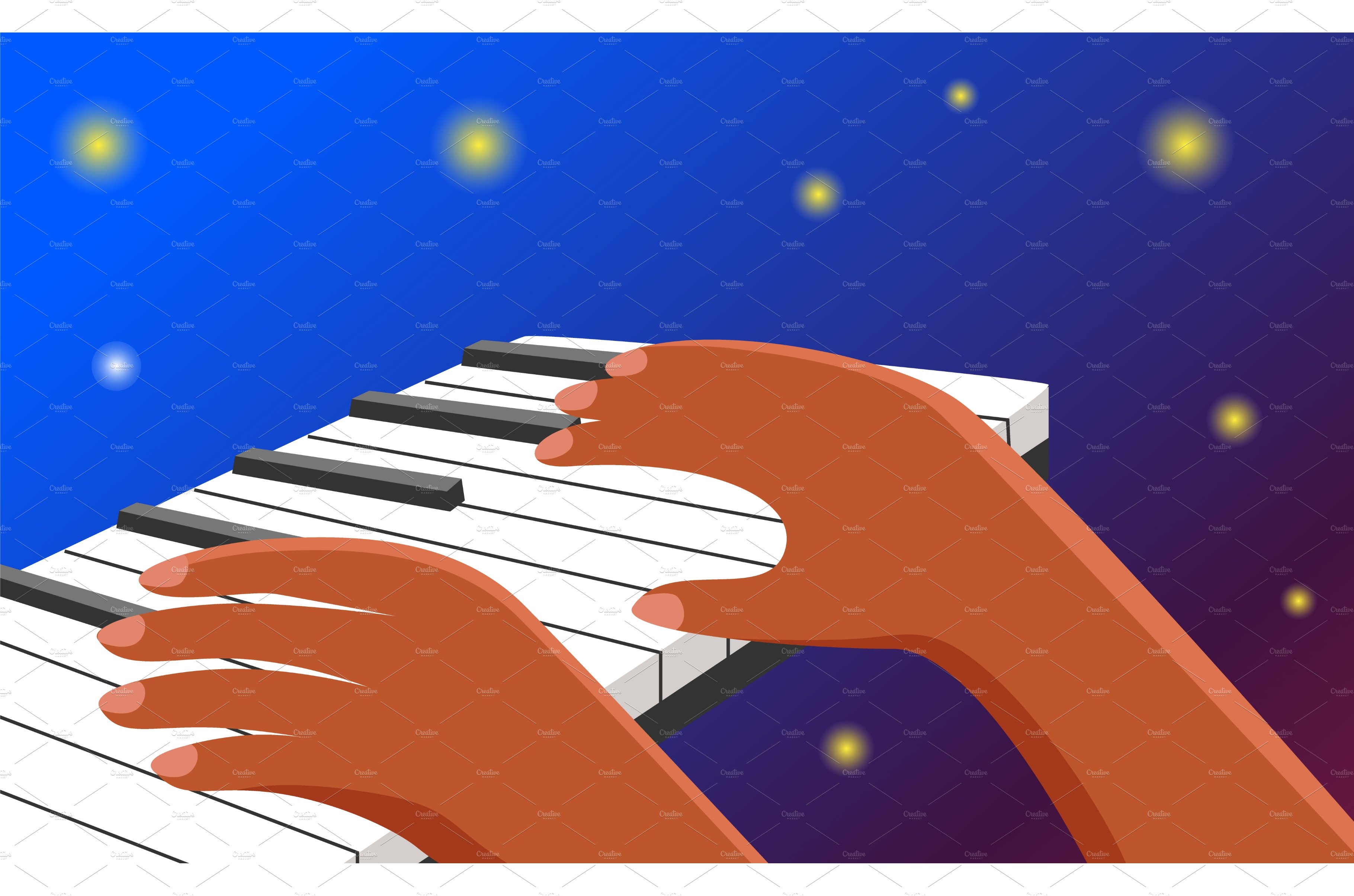 Hands on piano keyboard on a dark cover image.