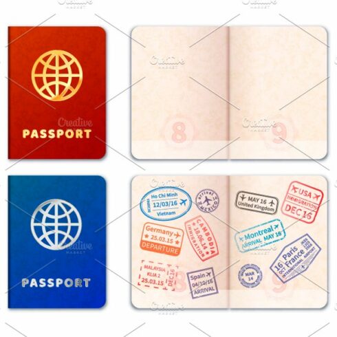 Realistic passport icons cover image.