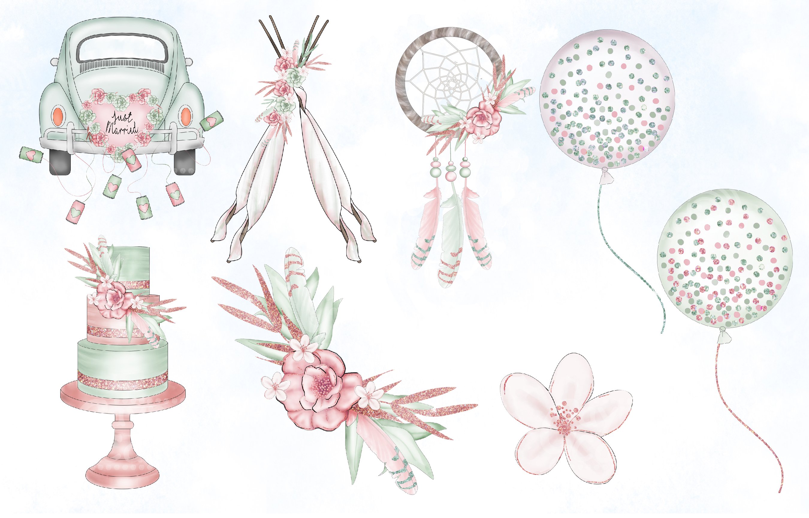 Blush & Sage wedding clipart preview image.