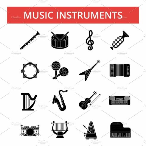 Music instruments illustration, thin line icons, linear flat signs, vector ... cover image.
