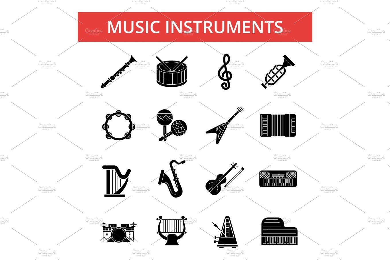 Music instruments illustration, thin line icons, linear flat signs, vector ... cover image.