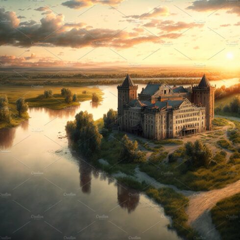 Castle by river at sunset cover image.