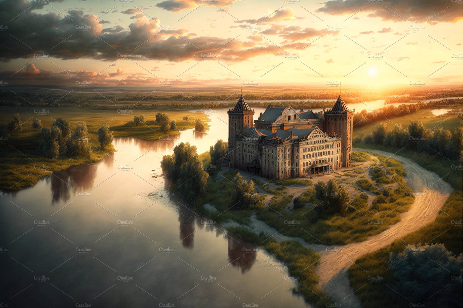 Castle by river at sunset cover image.