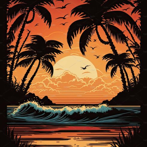 Silhouette palm tree on beach under sunset sky background. Orang cover image.