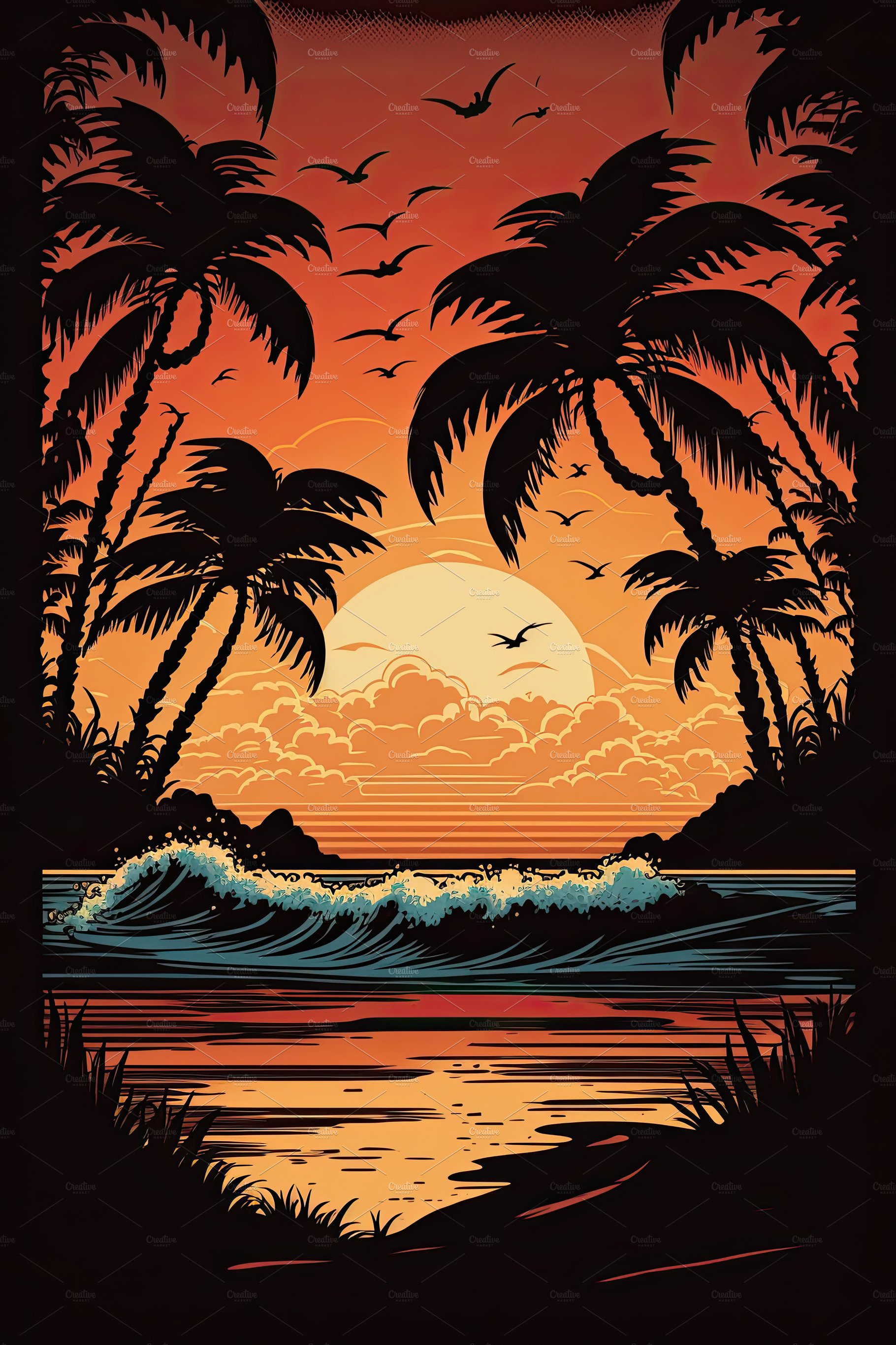 Silhouette palm tree on beach under sunset sky background. Orang cover image.