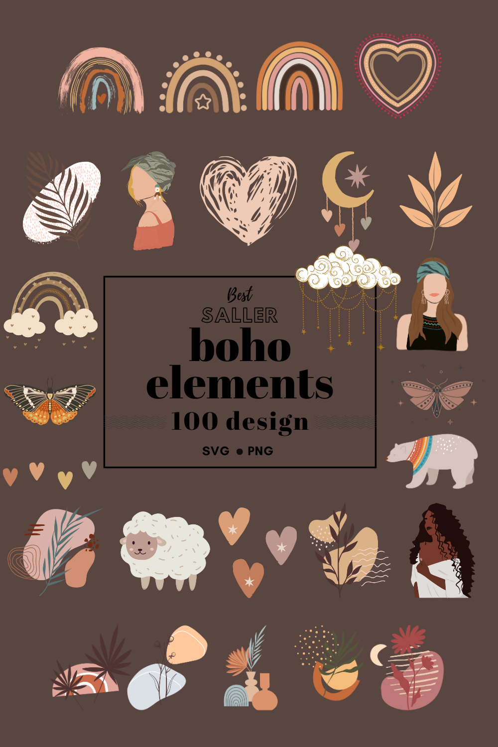 100 Boho Bundle | Boho png, svg | Rainbow png, Svg | Minimalist png, Svg | Trendy png, Svg | Moon png, Svg | Arrow png, Svg |Butterfly png, svg |Commercial use png, svg |cricut pinterest preview image.