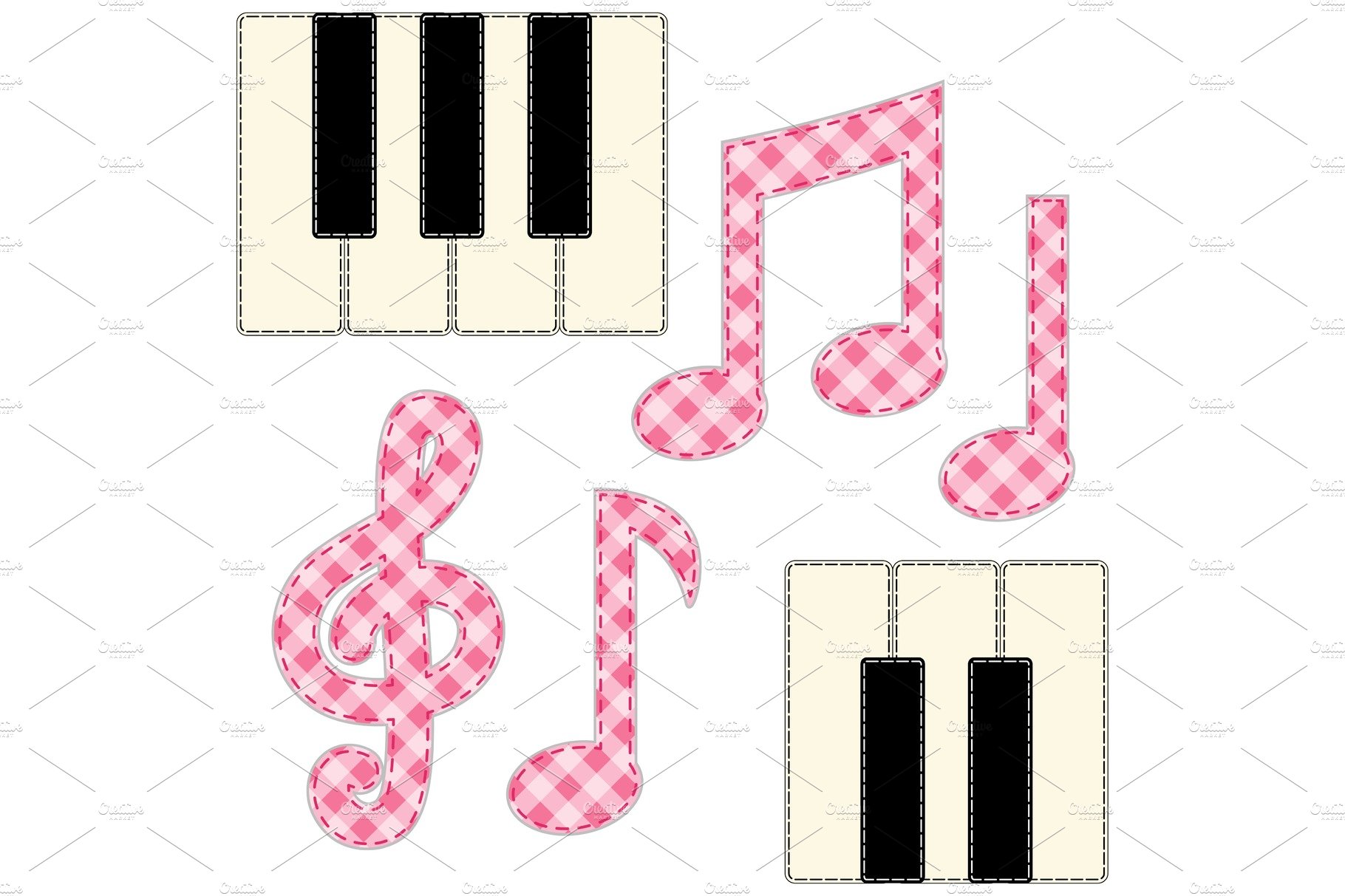 Cute fabric music notes and piano keys as applique in shabby chic style cover image.
