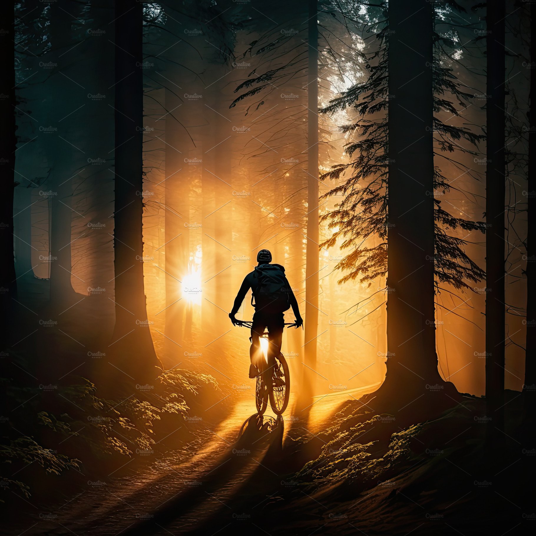 Silhouette Man Through the Forest Cycling During the Sunset . Ge preview image.