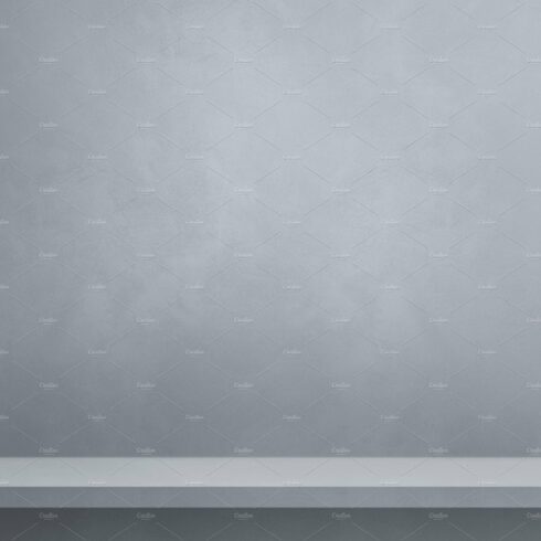 Empty shelf on a grey wall. Background template. Vertical backdr cover image.