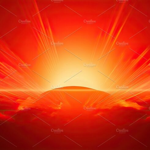 Hot sunset with a red sun on the background in the summer. Generative AI cover image.