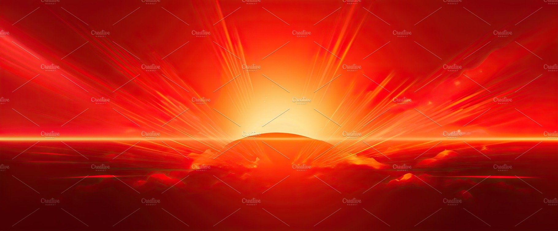 Hot sunset with a red sun on the background in the summer. Generative AI cover image.