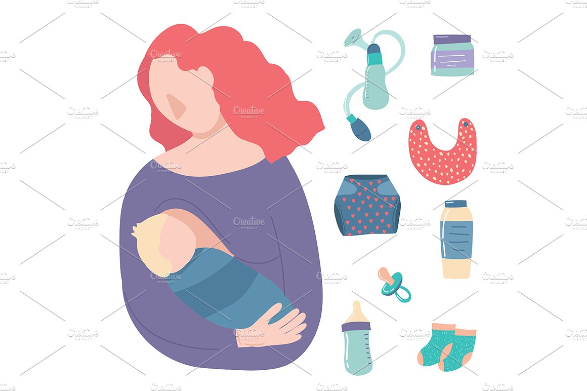 Cartoon Breastfeeding Baby . Vector cover image.