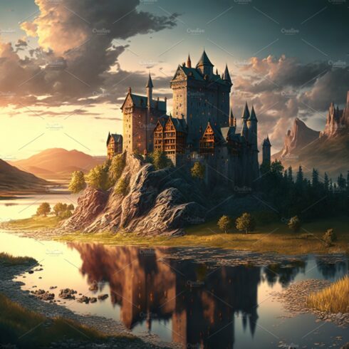 Castle by river at sunset cover image.