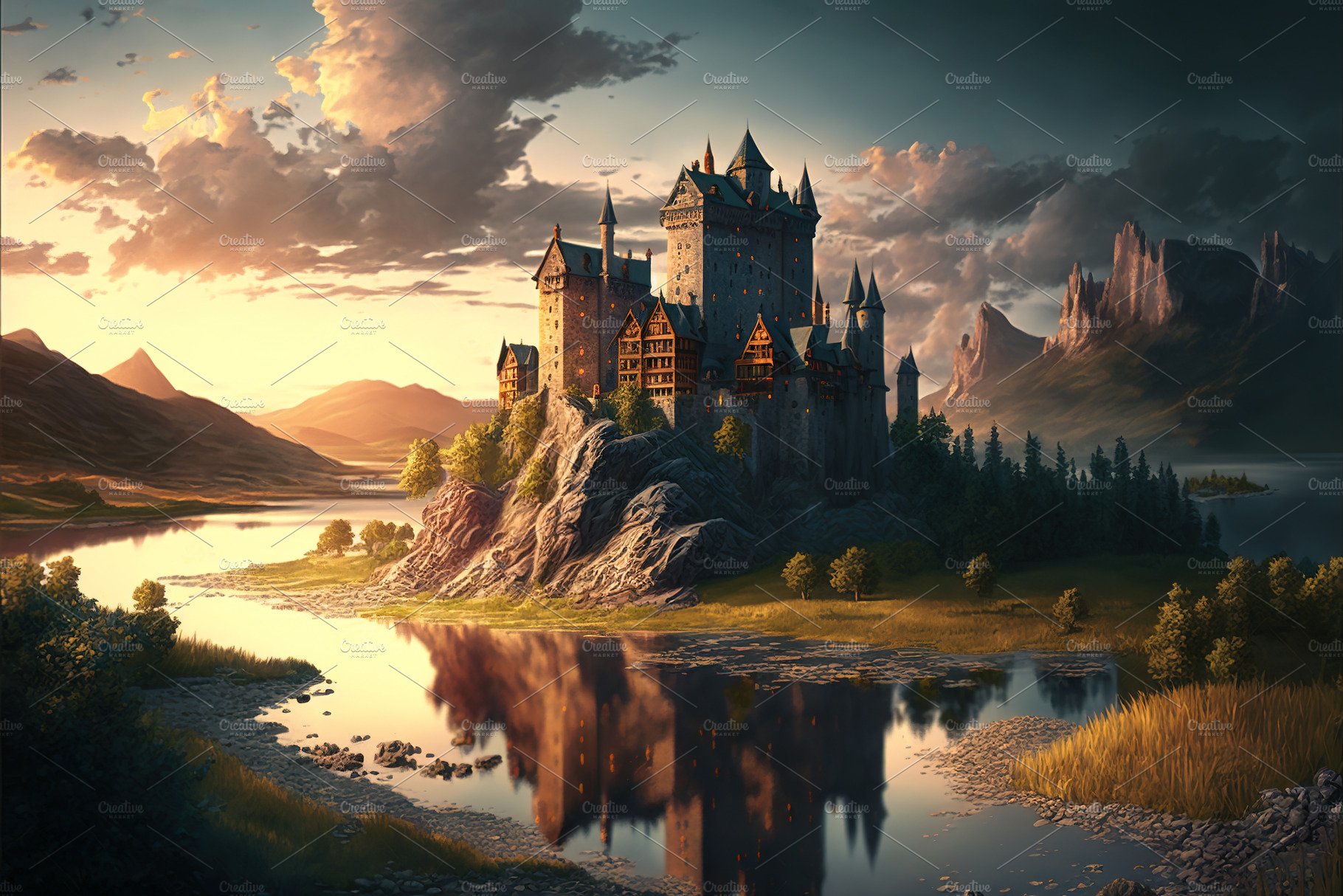 Castle by river at sunset cover image.