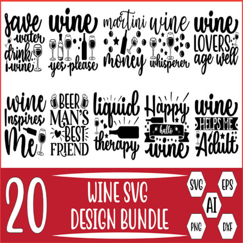 20 Wine SVG Design Bundle Vector Template cover image.