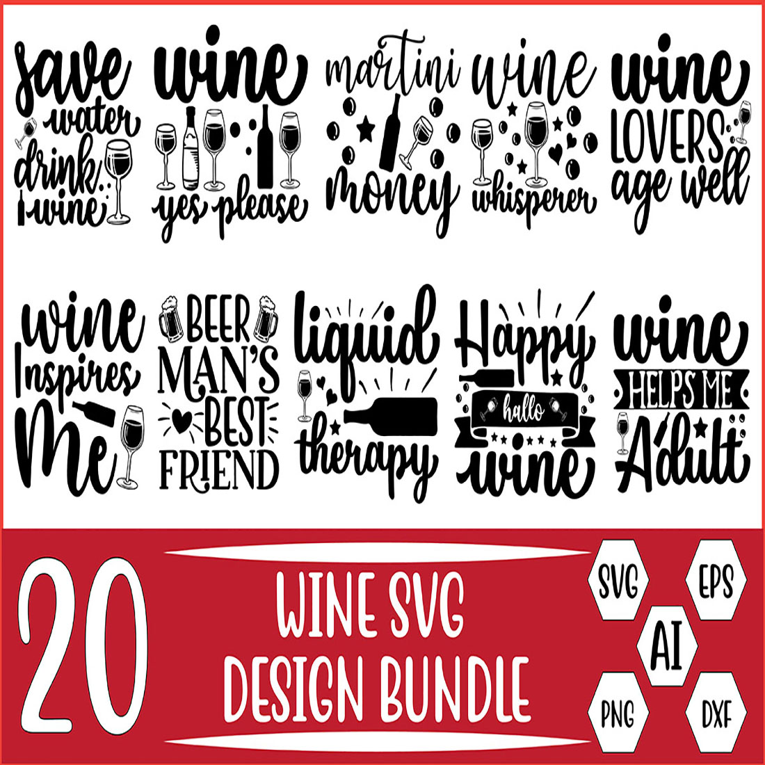 20 Wine SVG Design Bundle Vector Template preview image.