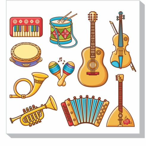 Musical instruments. Cartoon cover image.