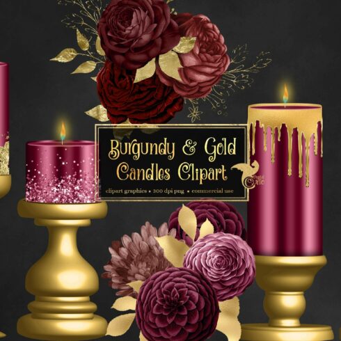 Burgundy and Gold Candle Clipart cover image.