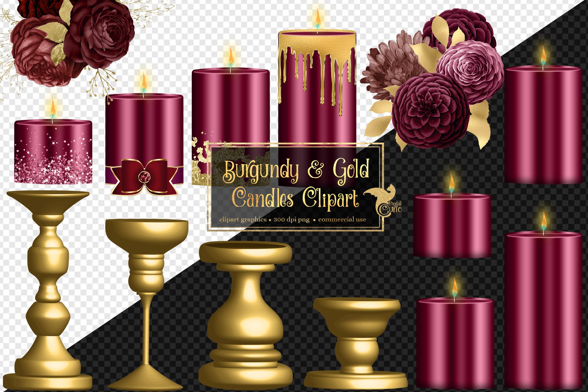 Burgundy and Gold Candle Clipart preview image.