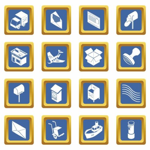 Poste service icons set blue square cover image.