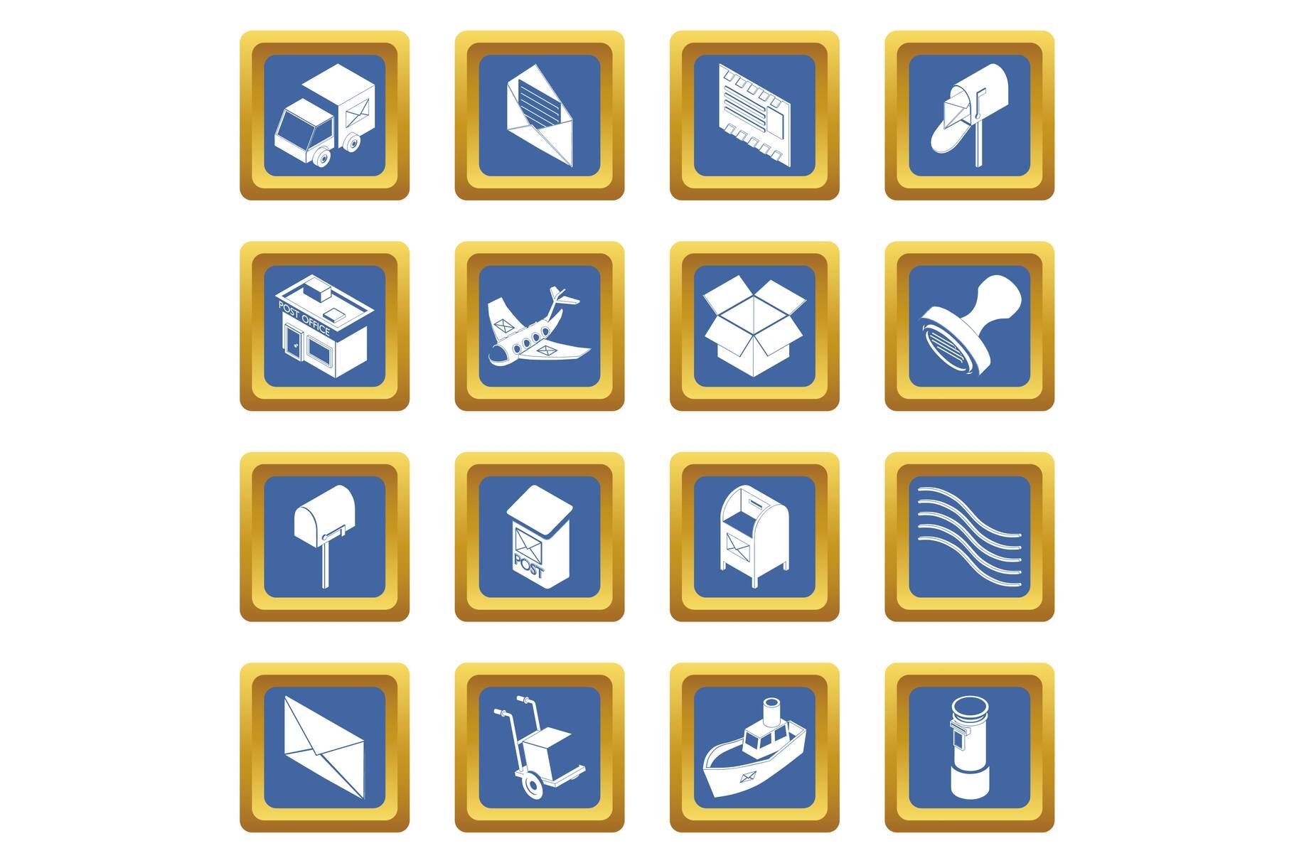 Poste service icons set blue square cover image.