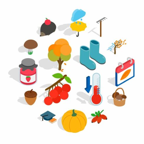 Autumn icons set, isometric 3d style cover image.