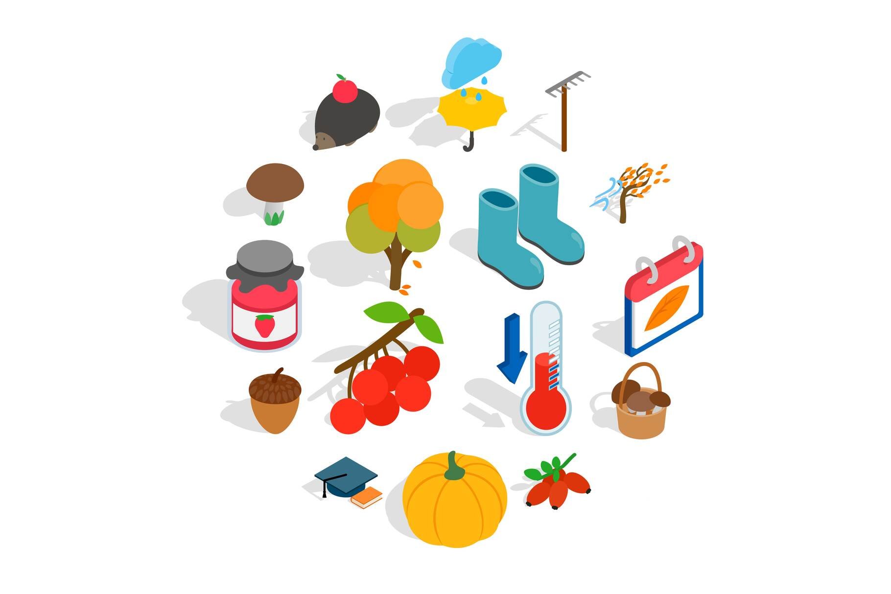 Autumn icons set, isometric 3d style cover image.