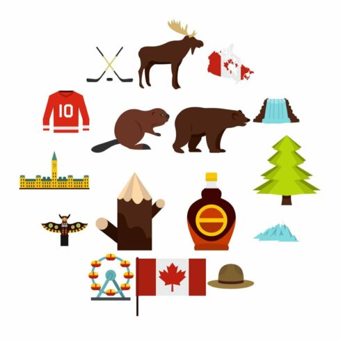 Canada travel icons set in flat cover image.