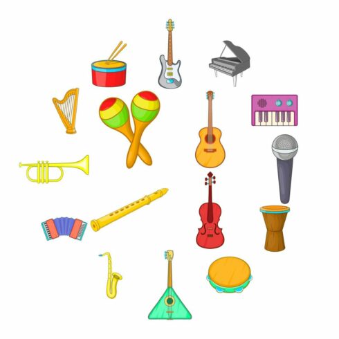 Musical instruments icons set cover image.