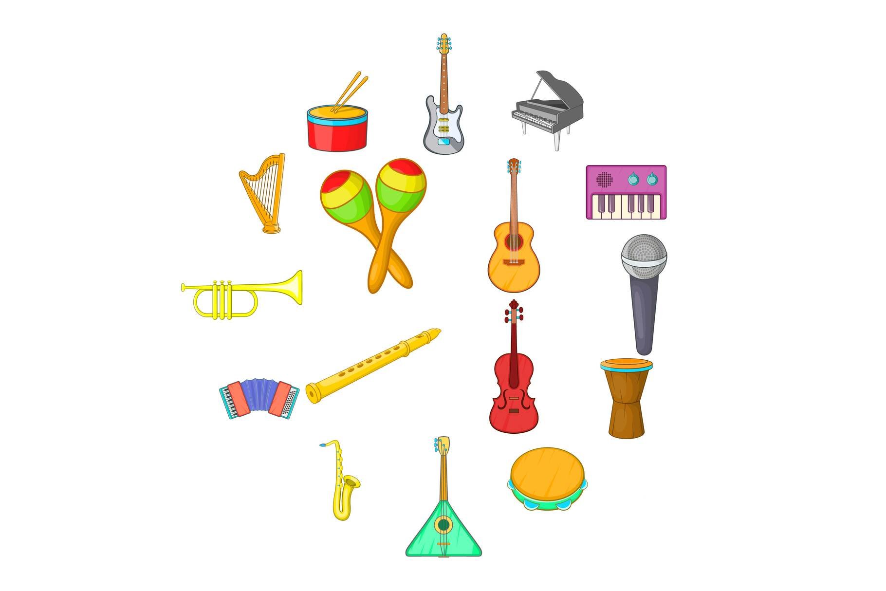 Musical instruments icons set cover image.