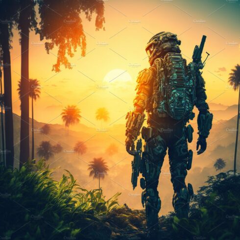 Soldier in jungle at sunset cover image.