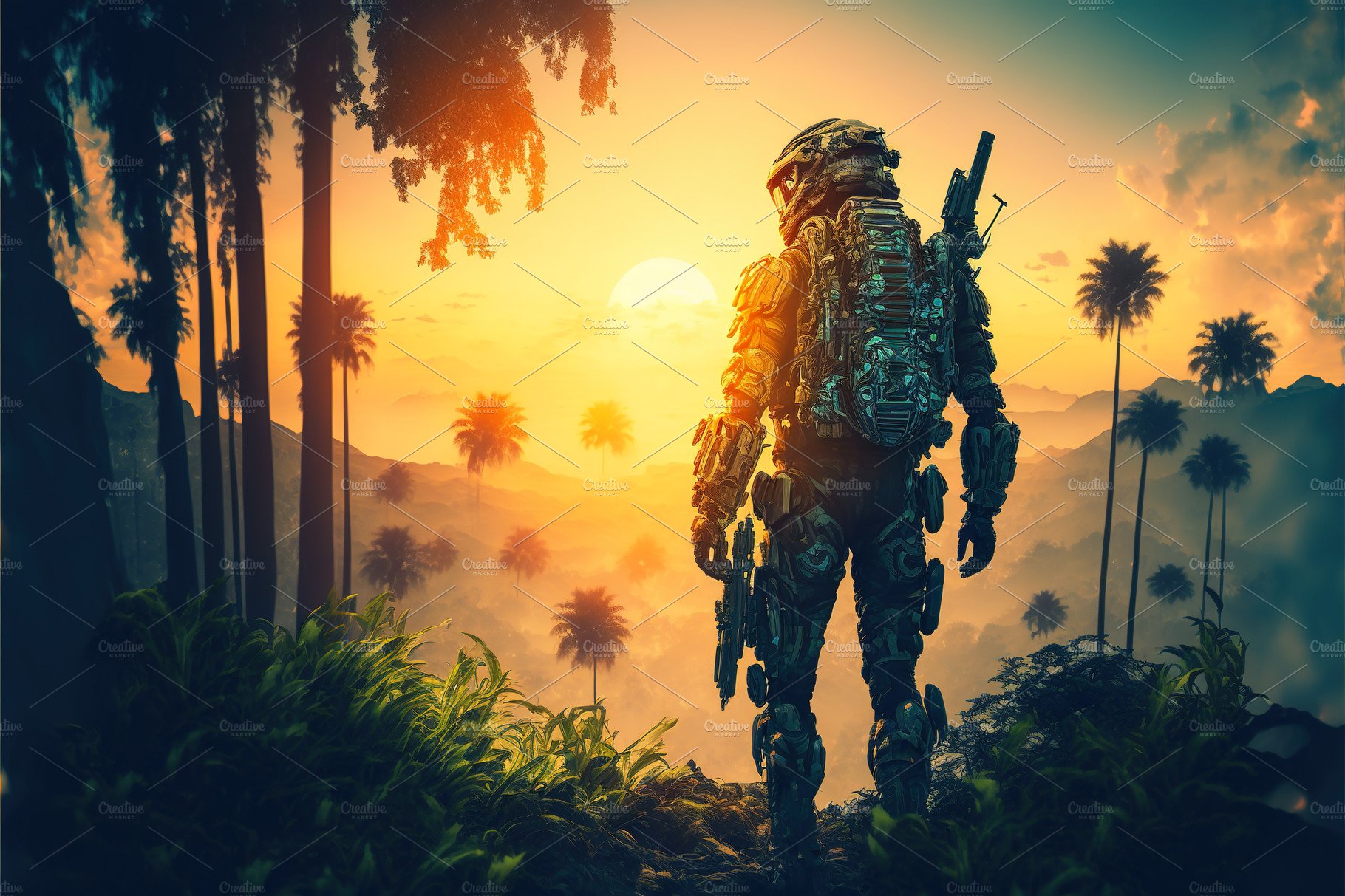 Soldier in jungle at sunset cover image.