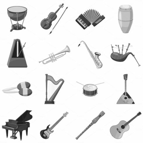 Musical instrument icons set gray cover image.
