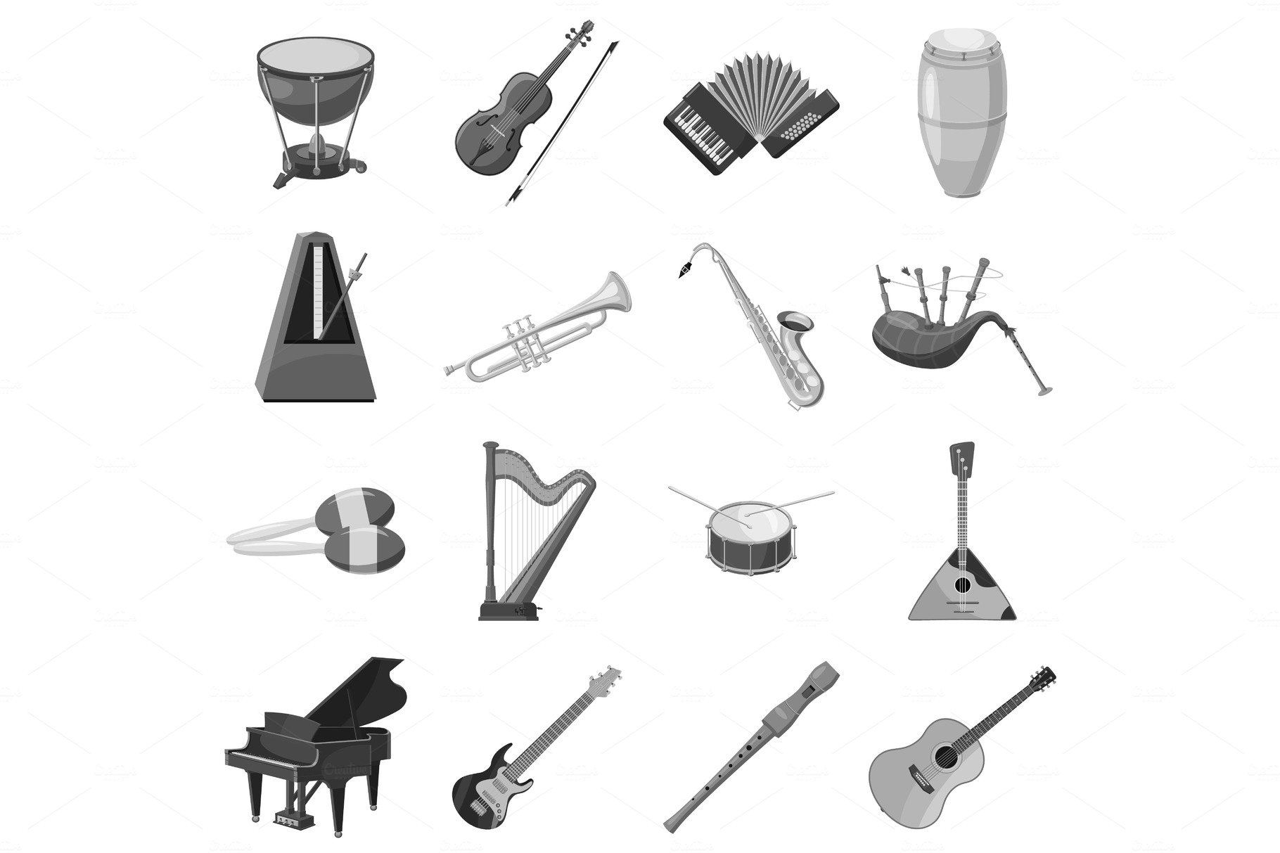 Musical instrument icons set gray cover image.