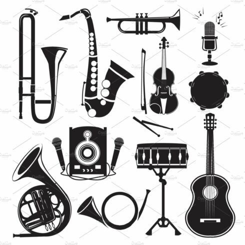 Different monochrome pictures of musical instruments isolated on white. Vec... cover image.