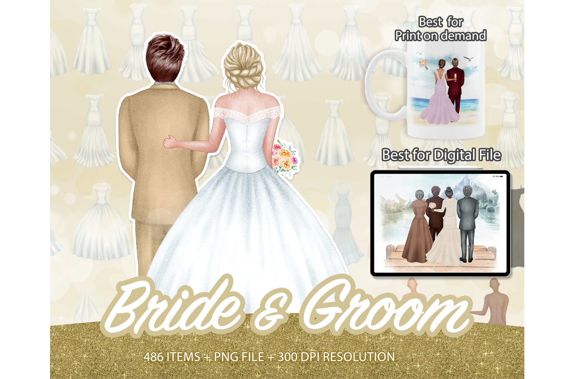 Bride &Groom Wedding Day Clipart PNG cover image.
