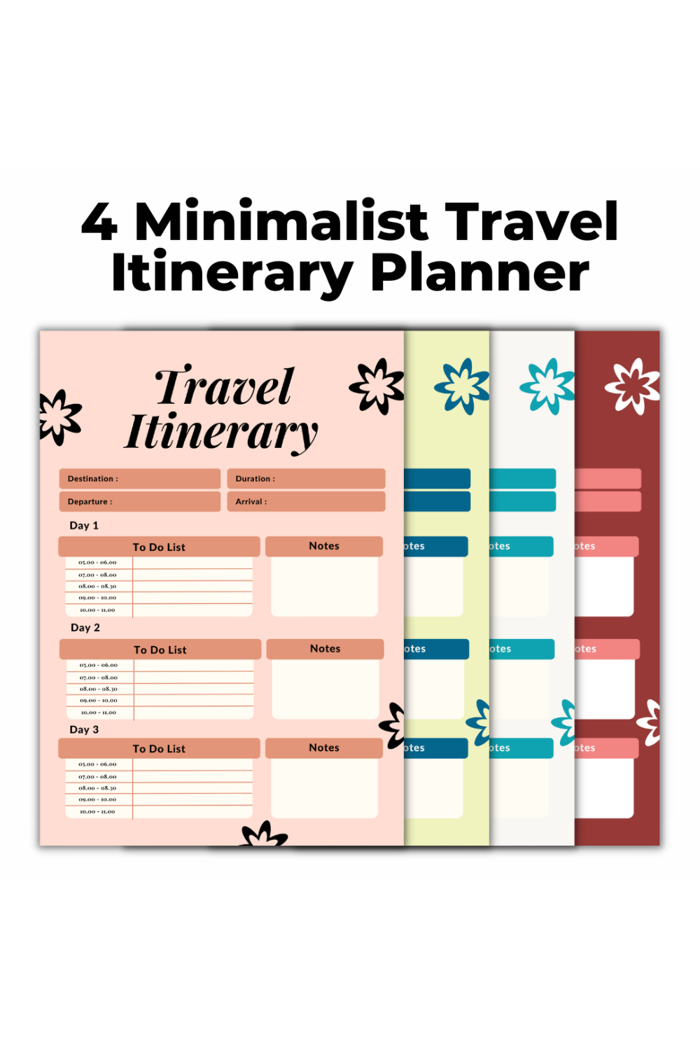 4 Minimalist Travel Itinerary Planners pinterest preview image.