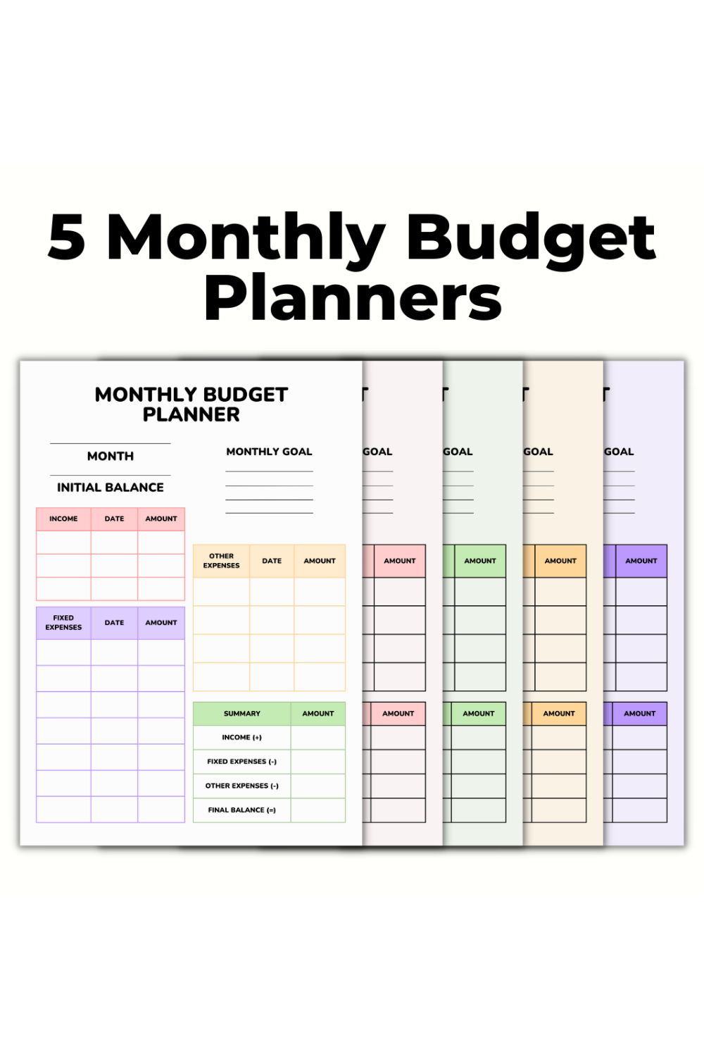 5 Monthly Budget Planners Template pinterest preview image.