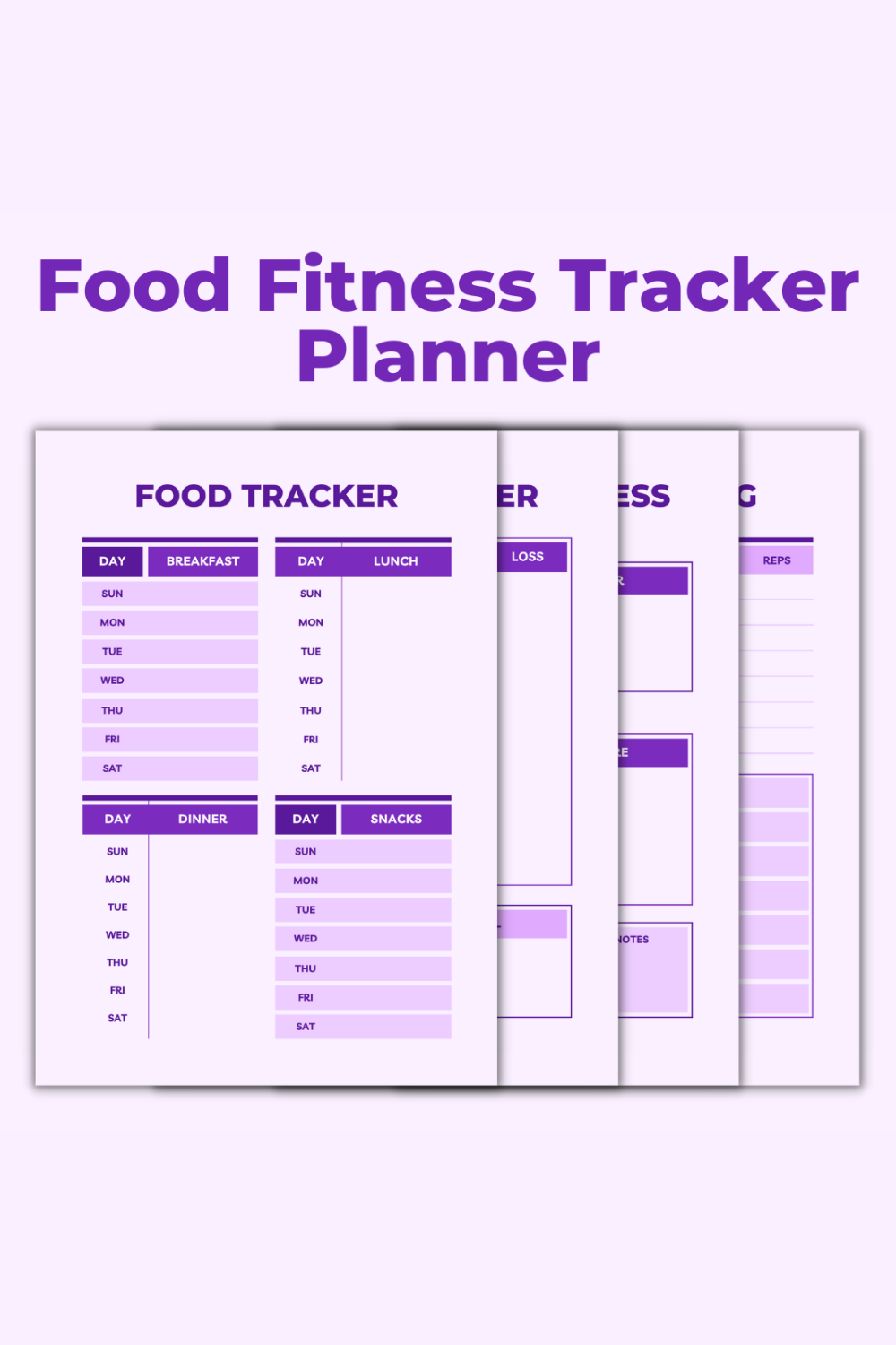 Food Fitness Tracker Planner Template pinterest preview image.