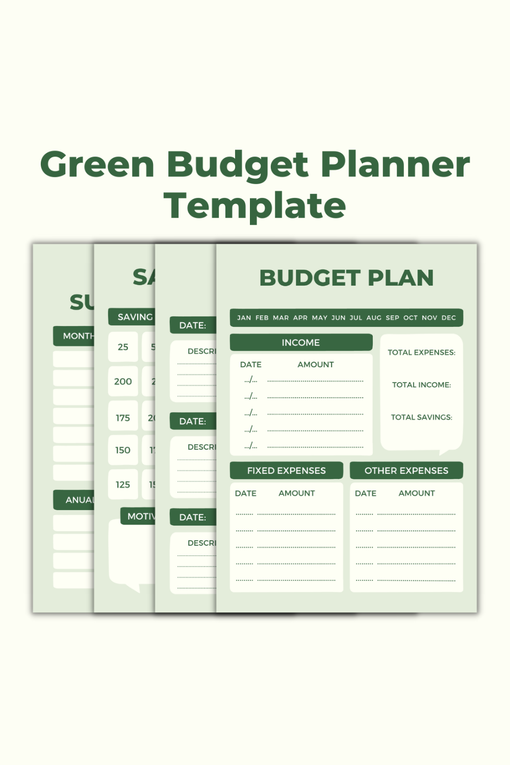 Green Budget Planner Canva Template pinterest preview image.