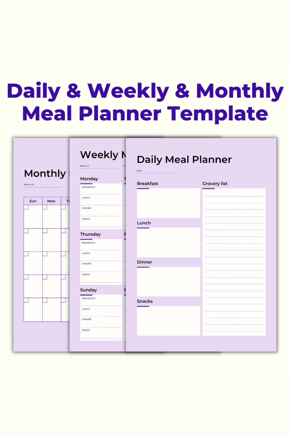 Daily Weekly Monthly Meal Planner Template pinterest preview image.