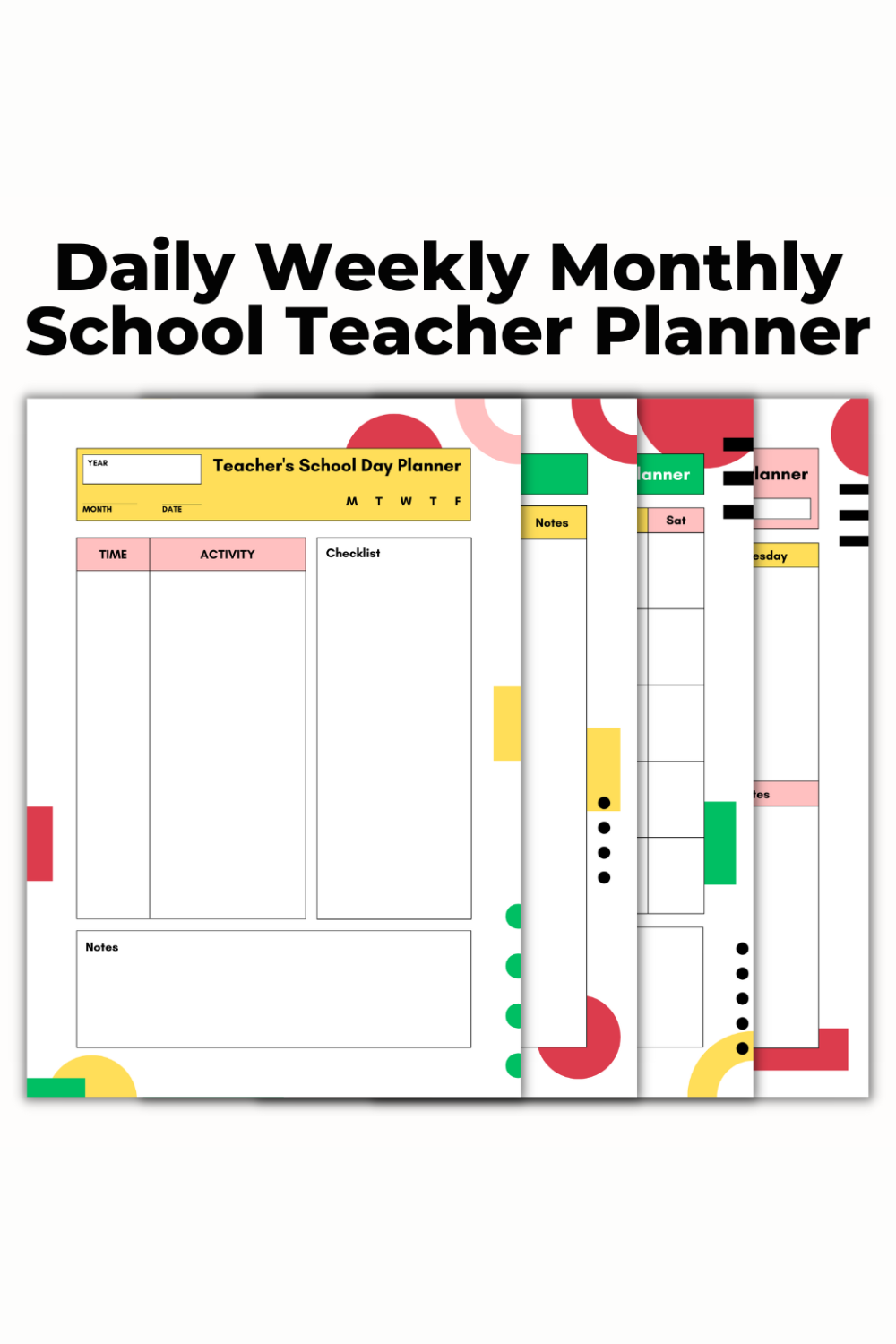 Daily Weekly Monthly School Teacher Planner Template pinterest preview image.